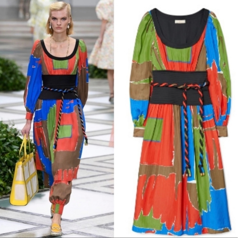 Tory Burch Multicolor Abstract Print Midi Dress (Blue, Red, Green, Brown)